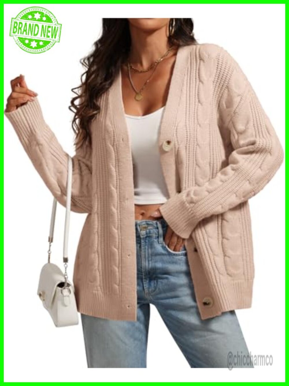 Womens Oversized Cable Knit Cardigan Button Down Chunky Sweater Coat